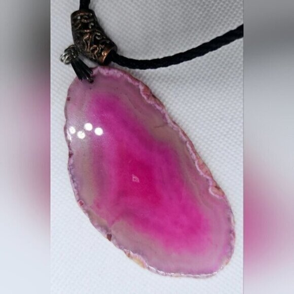 Pendant With Agate Fuchsia and Choker in Cord Black - Pendant Stone Semiprecious - Picture 9 of 9